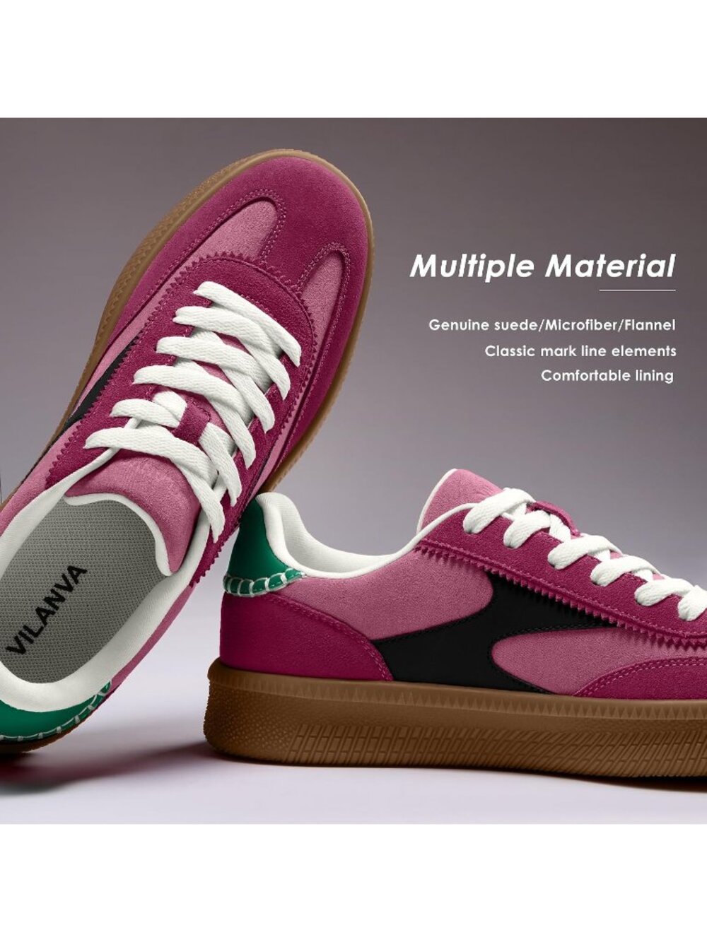 Women's Pink Multi Suede Fashion Classic Retro Gum Sole Walking Trendy Sneakers - Picture 4 of 6